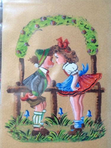 The First Kiss ° Painting Genre Start 20 Jhr. Girl And Bub IN The Garden Antique - Picture 2 of 4