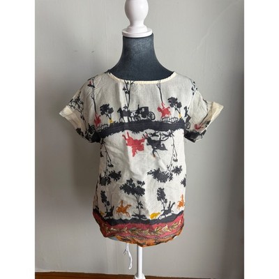 SM Wardrobe Womens Equestrian Print Blouse  Horse Carriage vintage coastalMed