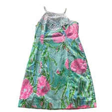 LILLY PULITZER 2 Small Crochet Top High Nevk Pink Green Mini Sheath Dress