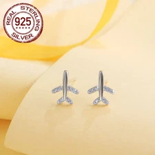 Women Cute Small Airplane Sterling Silver 925 Stud Earrings Cubic Zircon Jewelry
