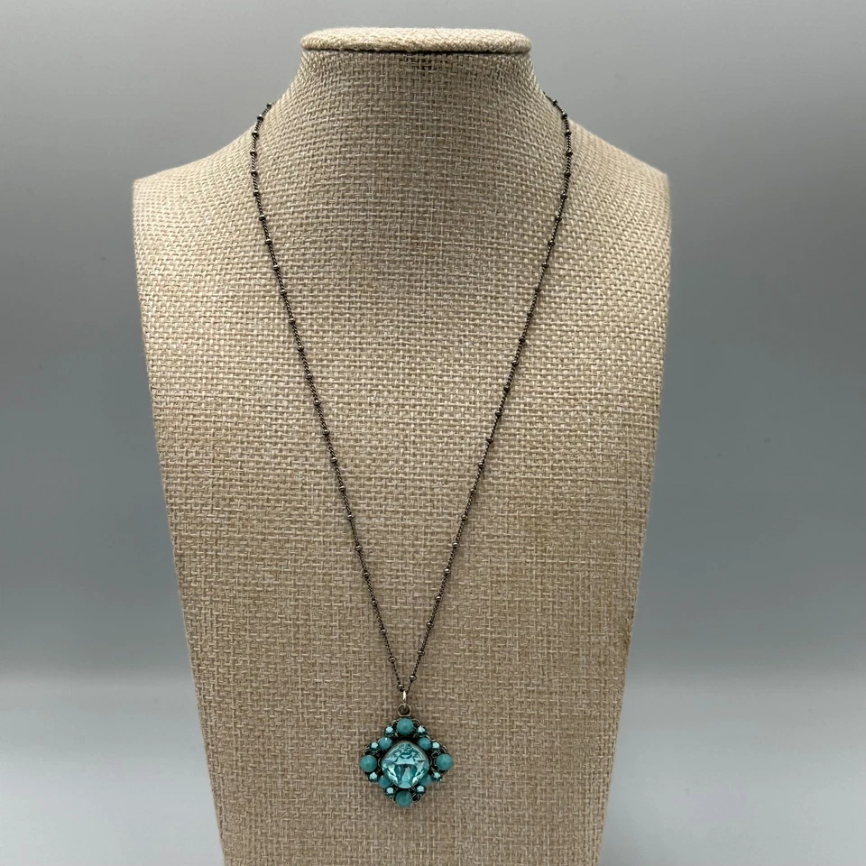 Anne Koplik Designs Necklace Turquoise Blue Rhinestone Pendant Boho Glam Jewelry - Image 2 of 4