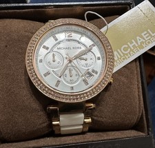 Michael Kors Ladies Sparkly Chronograph Watch gold tone And Ceramic Strap VGC