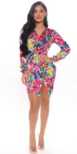 Fashion Nova NWT Size XL Long Sleeve Mini Sugar Free Tropical Wrap Dress Silky