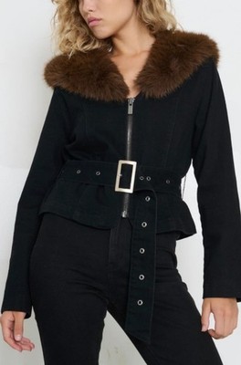 TT Studios Carm Denim Faux Fur Belted Jacket Cotton Size XS Black