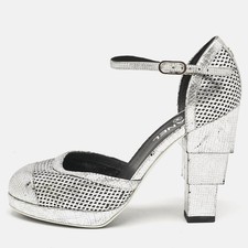 Chanel Silver Laser Cut Leather CC Platform Ankle Strap Pumps Size 38.5