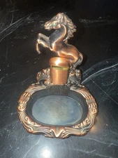 Vintage Metal Brass/Copper Tone Horse Ashtray & Working Lighter Set... READ!