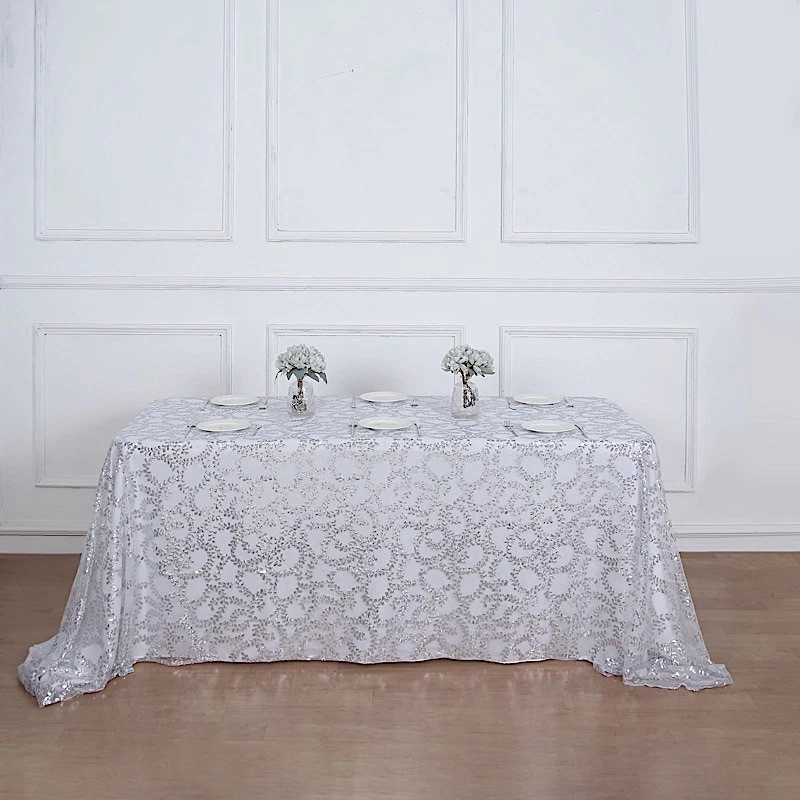 90x156" SILVERSheer Tulle Rectangular TABLECLOTH Embroidered Sequins Party - Image 3 of 4