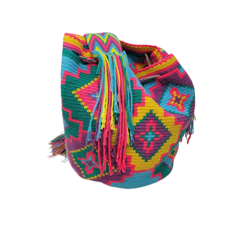 Bolso Bandolera Wayuu Mochila Tejido con Cordón Tribal Flecos Neón Brillante Foto 4 de 4