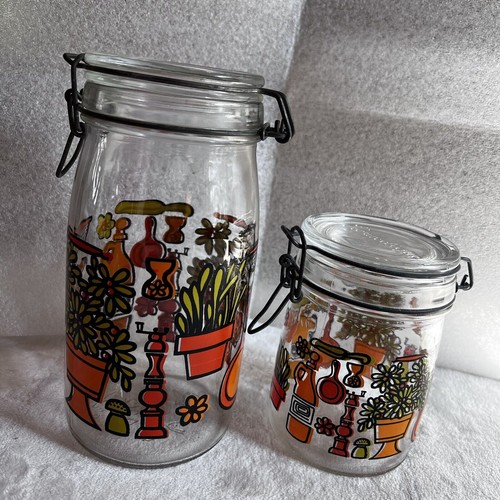 Vintage Hermetique 70's Bail Wire Canisters Mason Jars 1L And 3/4L RARE