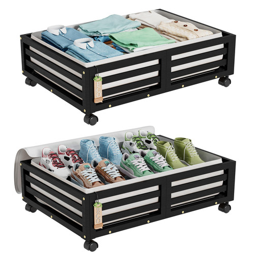 Bamboo Under Bed Storage Containers- Underbed Organizer with Wheels with Larg...