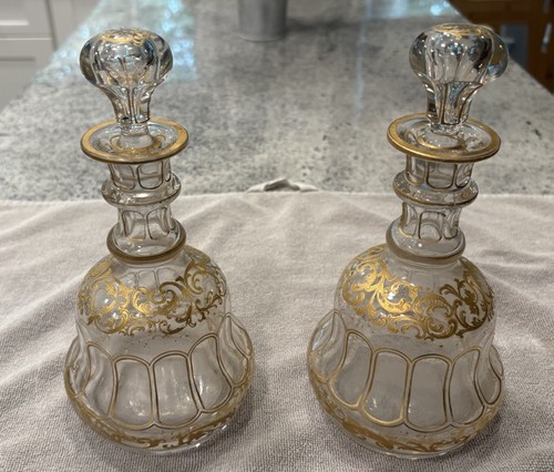 Antique Glass Liqueur Decanter Pair Gold Gilt Enamel Stopper Bottles