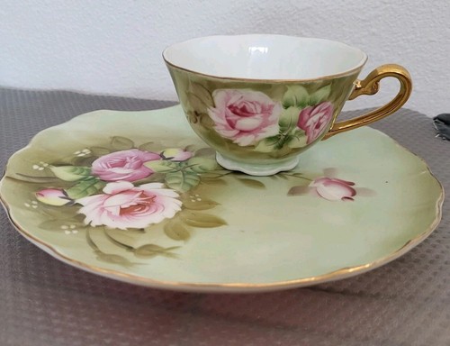 Vintage Green Lefton China “Heritage Roses” Cup and Snack Plate Saucer, Exc Cond - Picture 1 of 10