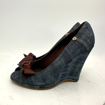 Miu Miu Women Size US 7.5 EU 37.5 Blue Jeans Brown Bow Open Toe Wedges Shoes