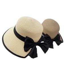 Women Lady Elegant Wide Brim Summer Sun Straw Hat Black Edging Bowknot Beach Cap