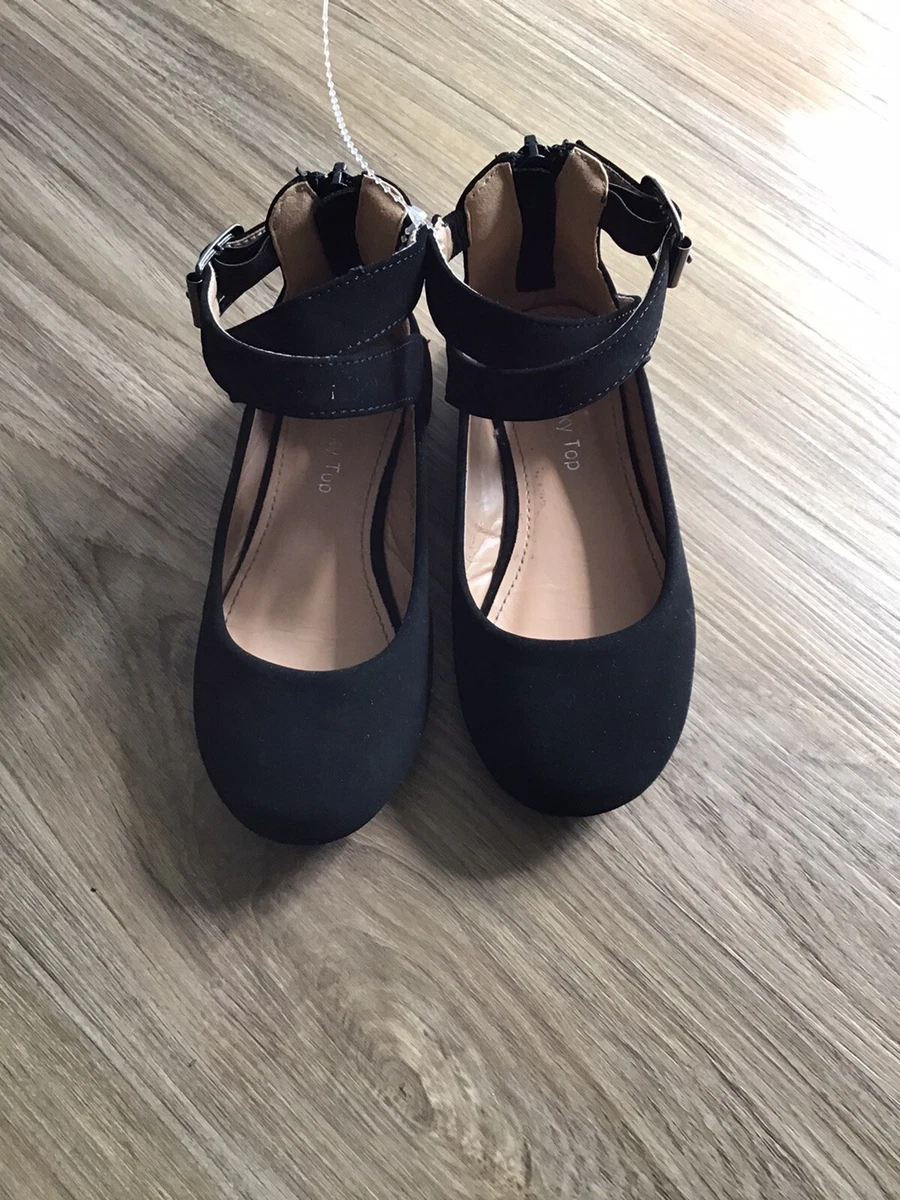 Lucky Top Comfort Girls Sz.9 Black Faux Suede Velveteen Ankle Strap Dressy Flats