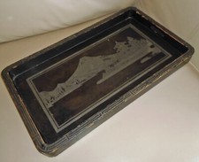 Large Vintage Japanese Wood Lacquer Tray. Landscape Scene. Shabby Condition.