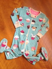 Hatley Girls One Piece Pajamas Footed Pink Aqua Cupcakes Cotton sz 6-12 mos