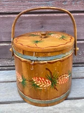 VTG BENTWOOD HANDLE WOOD FIRKIN SUGAR BUCKET PAINTED PINECONES