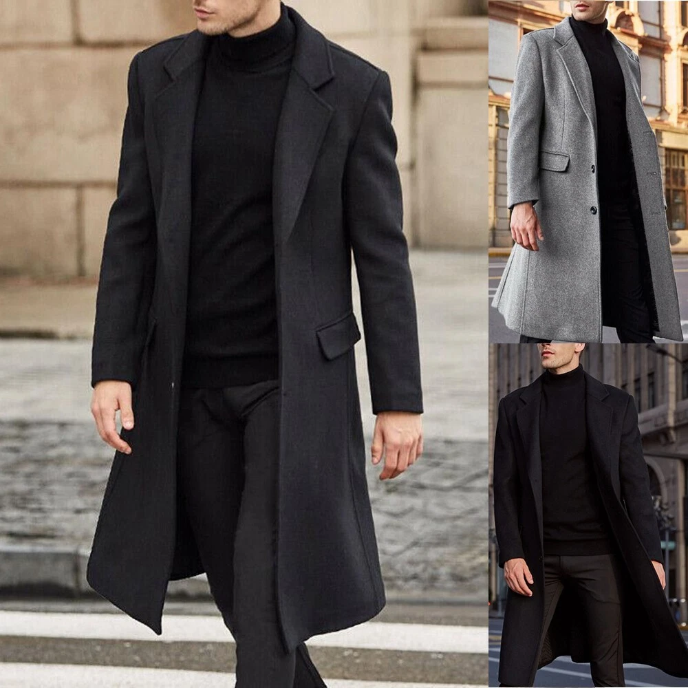 Coat Men Casual Wool Blends Formal Work Lapel Long Jacket Long Sleeve Mens