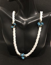 White Beaded Statement Necklace With Turquoise Clusters