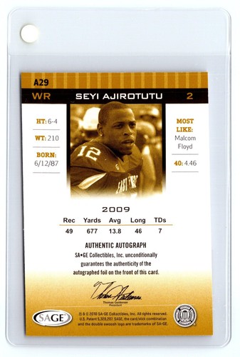 2010 SAGE Rookie Auto #A29 Hit Seyi Ajirotutu  - Picture 2 of 2