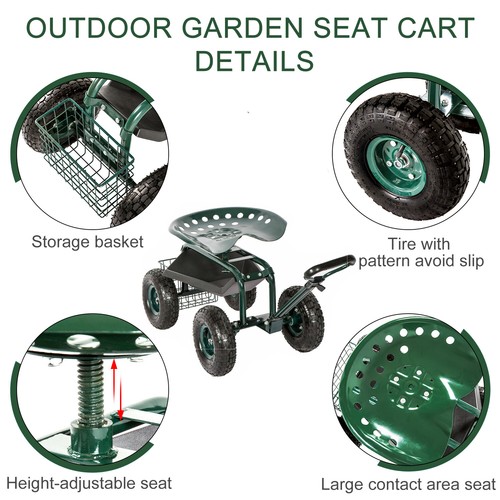 Outdoor Utility Rolling Garden Cart Planting Work Seat with Tray Tool Lawn Yard - Picture 4 of 8
