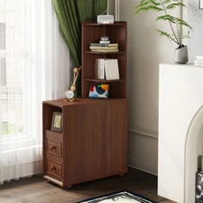 End Table with Drawers Corner Table w/ Open Shelves Tall Side Table for Corner