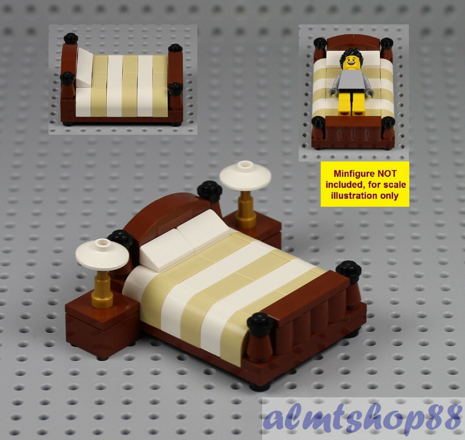 LEGO - Queen King Bed w/ Nightstands - Minifigure Bedroom Home Furniture Town