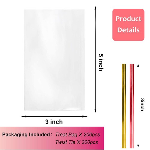 Cello Cellophane Treat Bags200 PCS 3x5 Inches Cake Pop Bags with Twist Ties C... - Picture 2 of 7