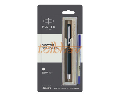 Parker Vector standard Chrome Trim CT Roller Ball Pen Blue Ink Black Body New