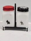 Vintage Tipp City Milk Glass Metal Top Scotty Dog Salt & Pepper Shakers & Base