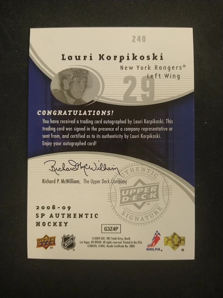 2008-09 SP Authentic Lauri Korpikoski On Card Auto 672/999 RC Rookie RANGERS - Image 2 of 2