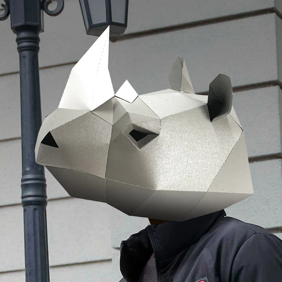 Paper Mask Rhinoceros Halloween Costume Rhino Cosplay Paper Craft Model Mask - Image 3 of 4