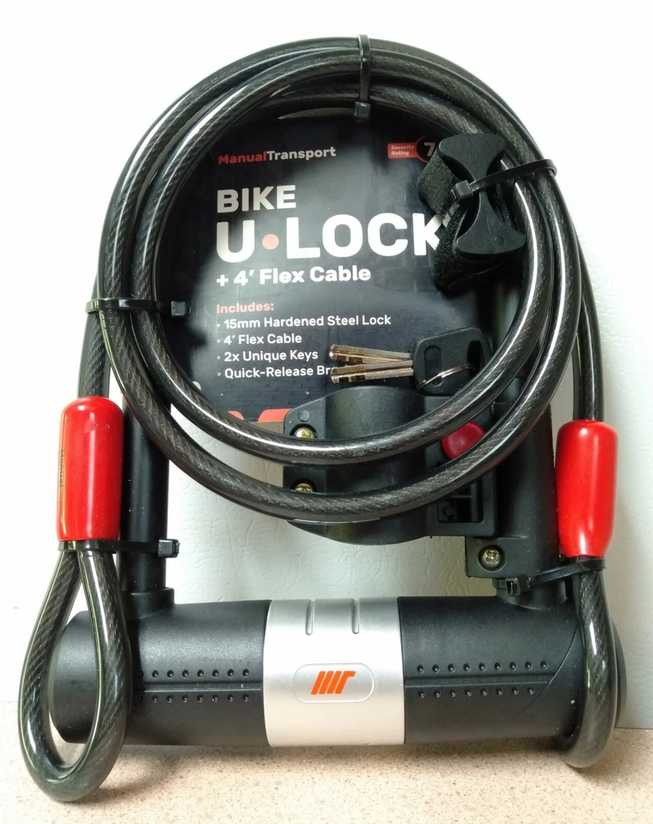 Manual Transport Bike U Lock Heavy Duty w 4ft Flex Cable Mounting Holder Keys