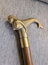 Vintage Brass Handle Mermaid wooden walking stick cane with a hidden flask