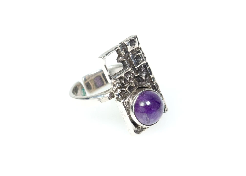835 Argento - Anello Vintage Modernista/Brutalista - Ametista - Immagine 4 di 4