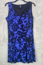 Chaps Women’s Sleeveless Dress 16W Blue Black Floral Fit & Flare Summer Coastal