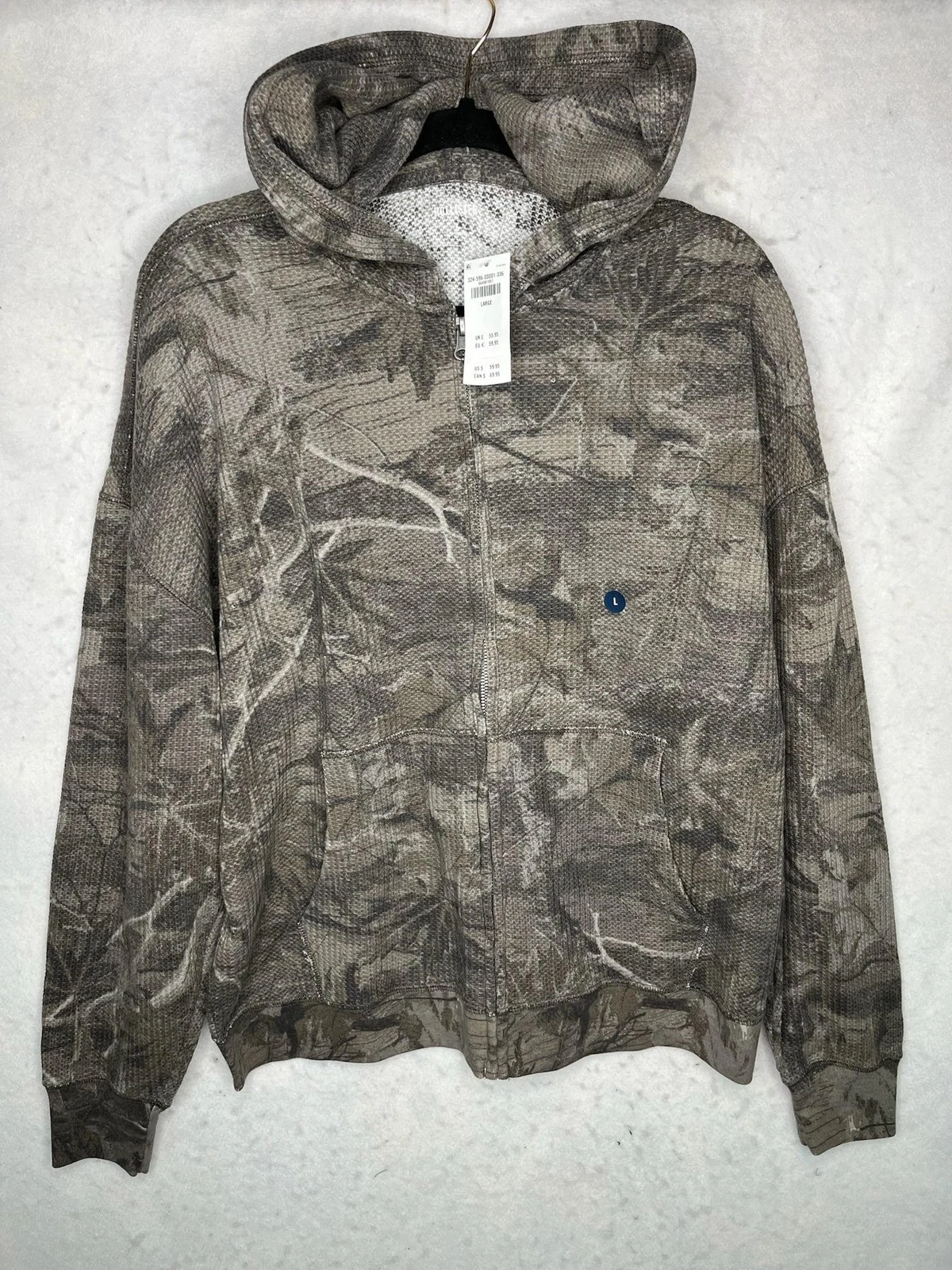 Hollister Hoodie Sweatshirt Mens Large Gray Camo Thermal Full Zip Waffle NEW