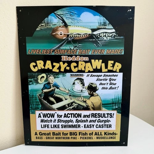angler gear Crazy Crawler fishing lure bait tin sign 16” Vintage 2004 Heddon Ad