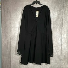 BOOHOO Black Chiffon Split Sleeve V-Neck Mini Dress | Size 24 NWT