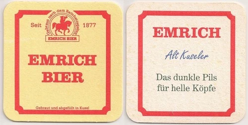 Emrich beer - old beer mat "old Kuseler - the dark pilsner for light heads"