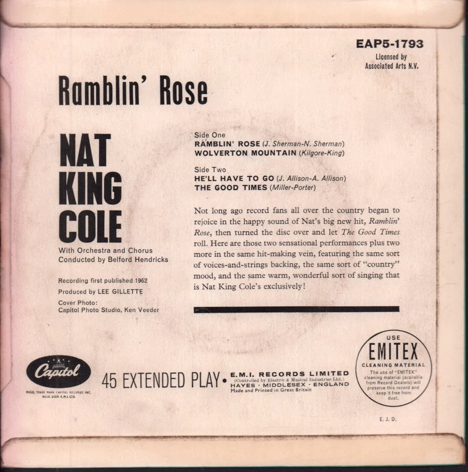 Nat King Cole Ramblin' Rose 7" vinyl UK Capitol 1962 mono ep 4 prong label - Image 2 of 3