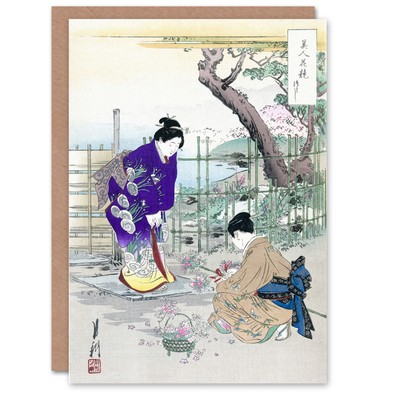 Ogata Gekko Japanese Art Card Flower Arranging In The Garden