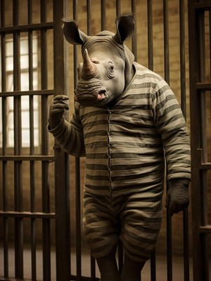 Lustiges Poster Nashorn Gefangener in gestreifter Uniform hinter Gittern stehend Gefängnis A1-A4 P