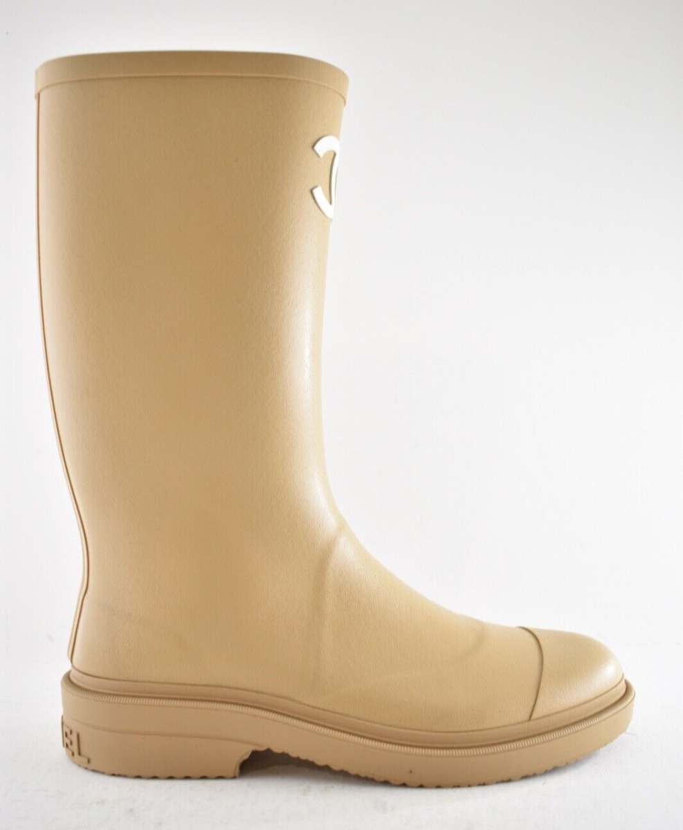 Chanel REV Beige White Wellington Wellies CC Logo Pull On Rubber