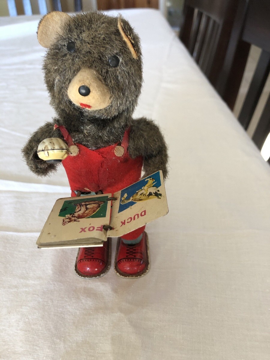 VINTAGE 1960s CUBBY THE READING BEAR MECHANICAL WIND-UP TIN