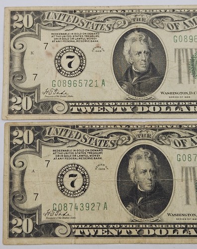 (2) 1928 $20 Dollar Federal Reserve Notes Chicago FR#2050G Lot of 2 c775 - Picture 2 of 4