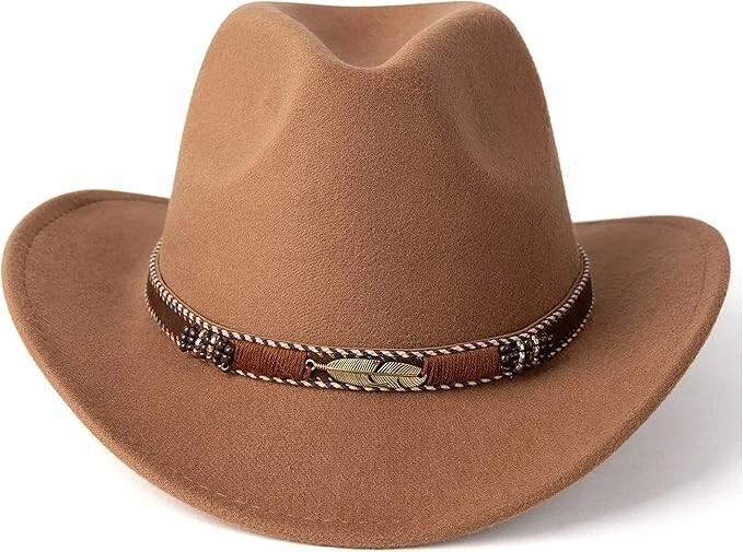 Sombrero de Vaquera Occidental Marrón Claro – Banda Trenzada Pluma Dorada, Fieltro, Hombres Mujeres Foto 3 de 4