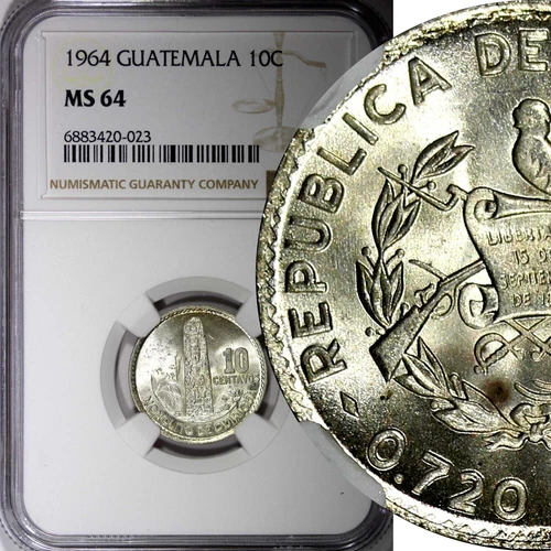 GUATEMALA Silver 1964 10 Centavos NGC MS64  LUSTER KEY DATE KM# 262 (023)