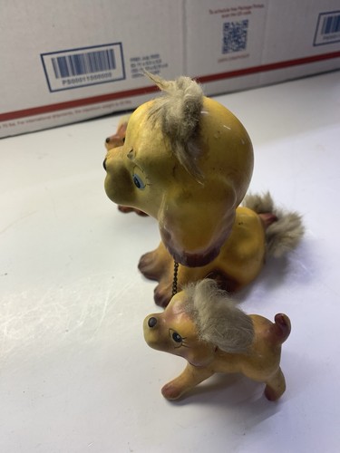 Vintage Ceramic Bobble Head Dog W/ 2 Pups On Chains-Real-Fur-Japan - Picture 7 of 24
